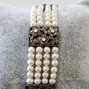 Stunning Sterling Pearl and Marcasite Multi Strand Station Bracelet
